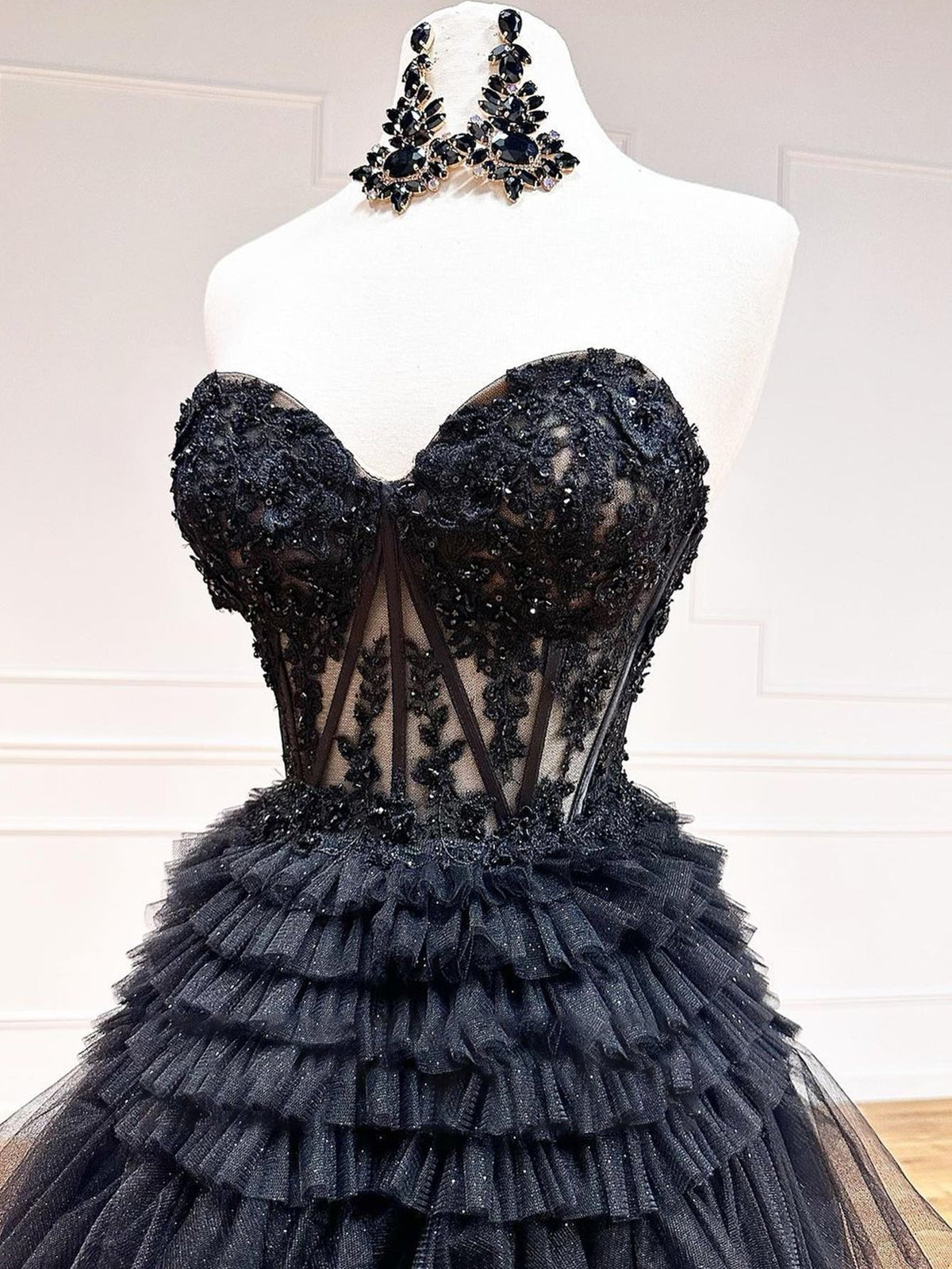 A-Line Sweetheart Tiered Long Tulle Prom Dress - View 6 | VelvetHem