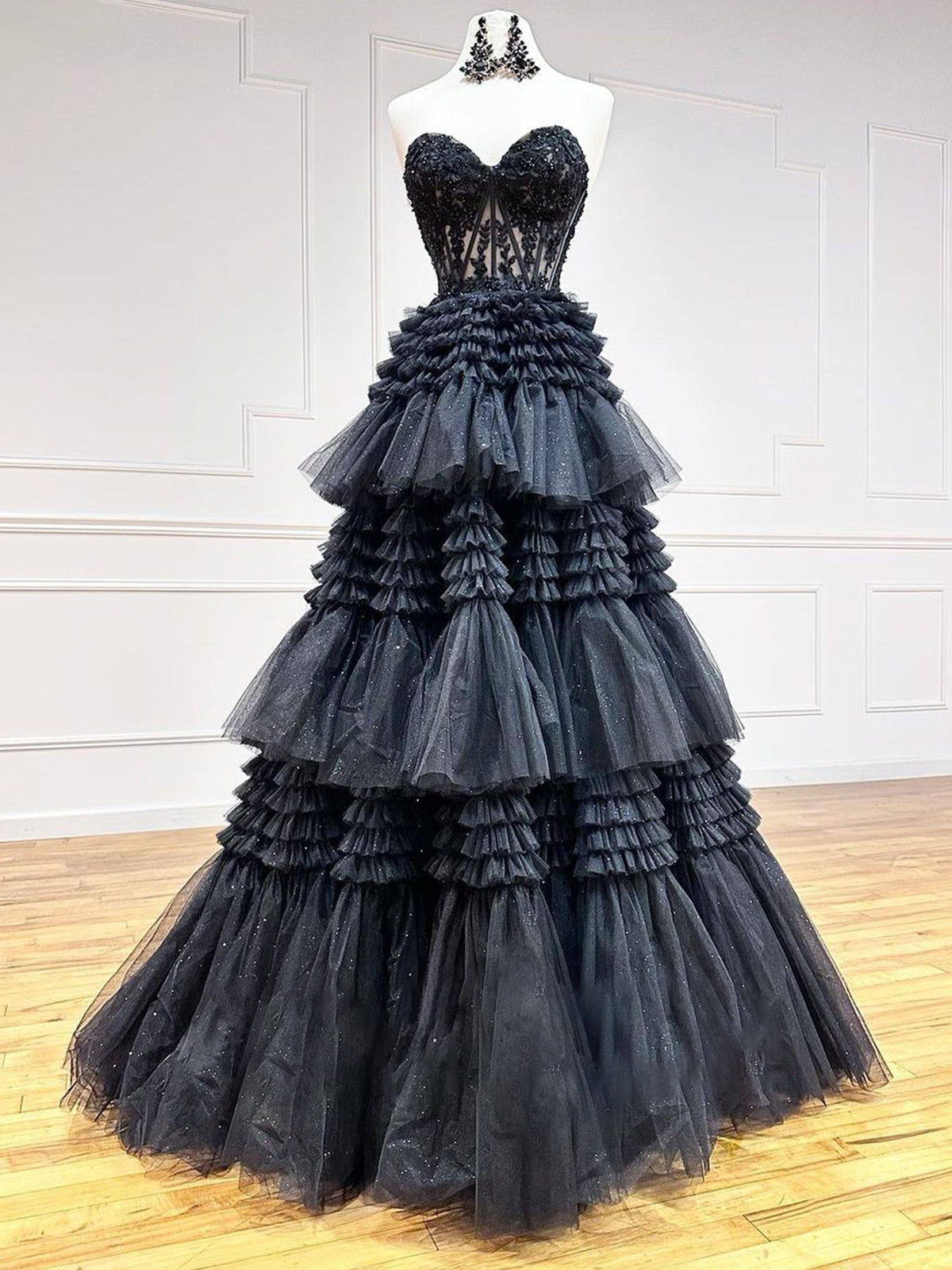 A-Line Sweetheart Tiered Long Tulle Prom Dress - View 5 | VelvetHem