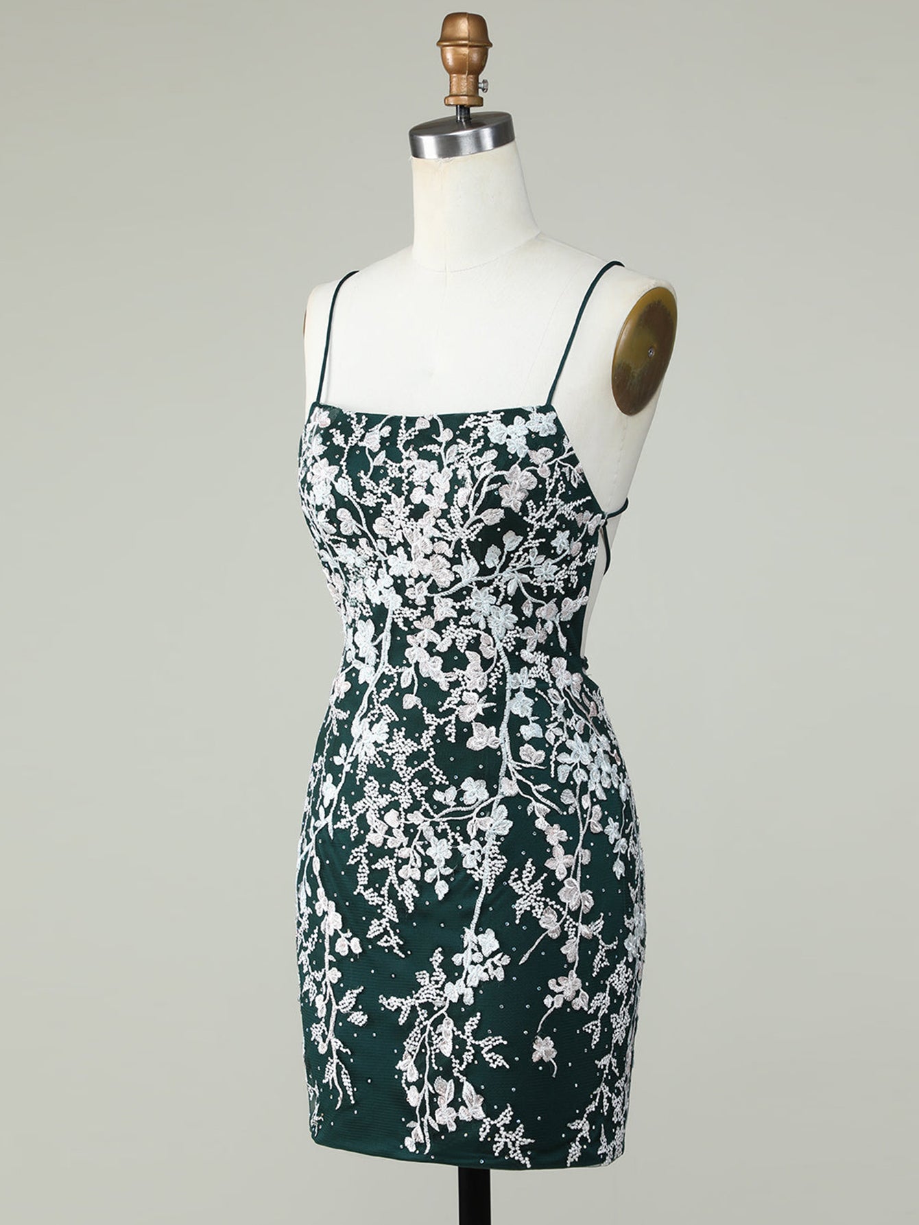 Bodycon Dark Green Spaghetti Straps Homecoming Dress With Appliques - Fashionpara