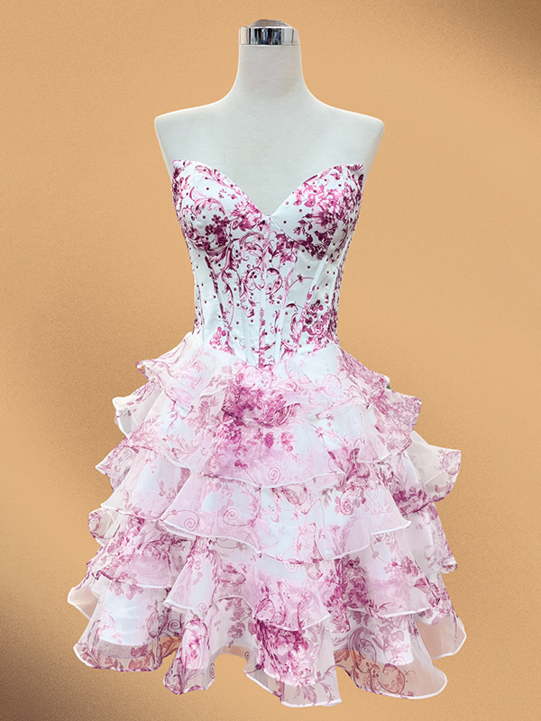 Flower A-Line Strapless Tiered Tulle Sweetheart Homecoming Dress