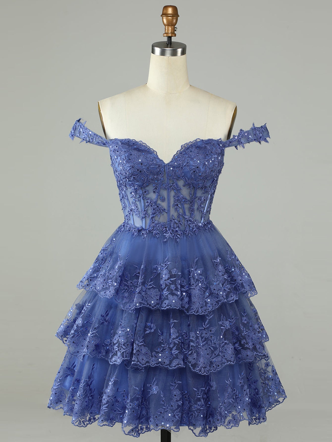 Dark Blue A-Line Sweetheart Neckline Tiered Short Homecoming Dress - Fashionpara