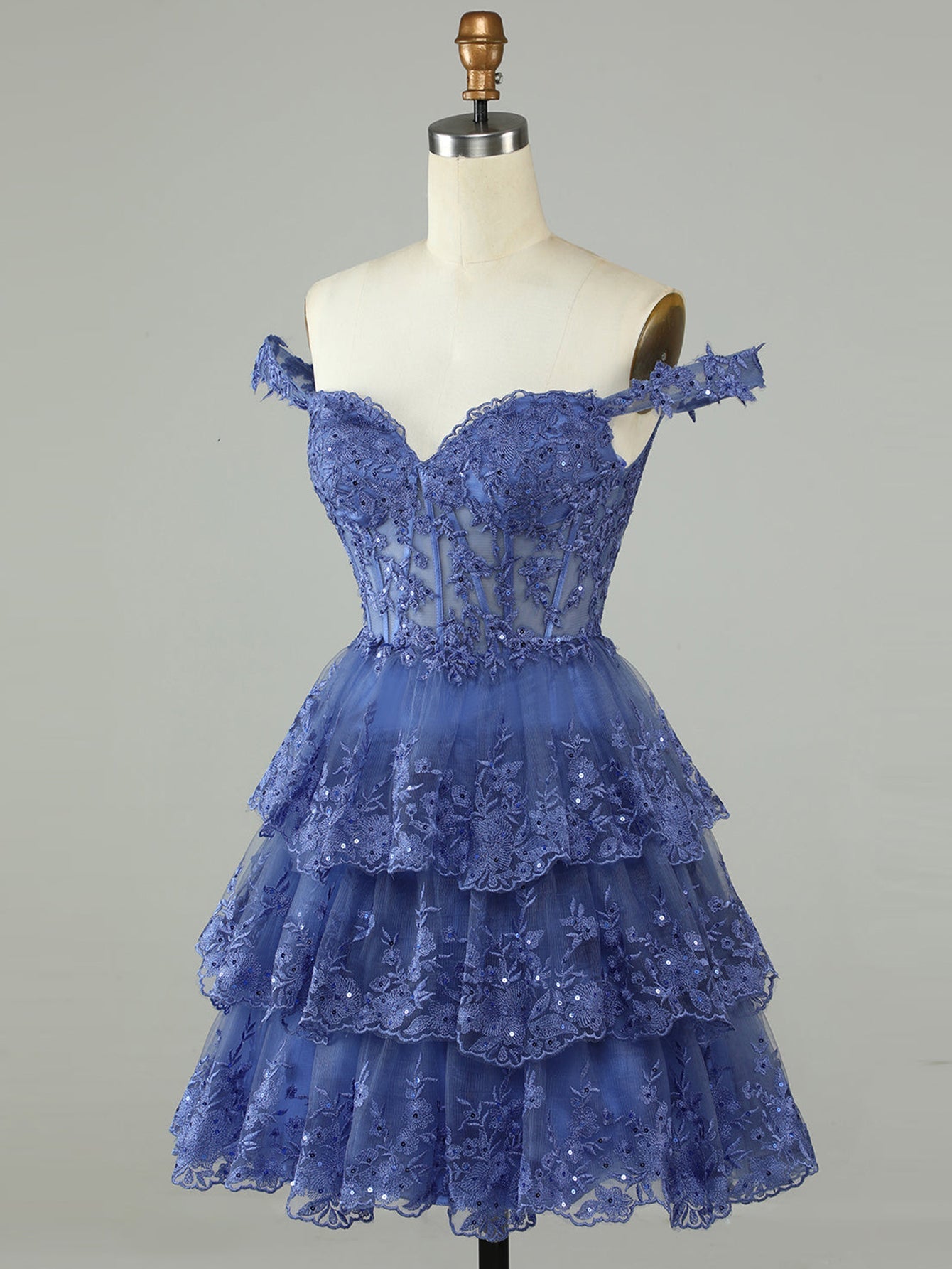 Dark Blue A-Line Sweetheart Neckline Tiered Short Homecoming Dress - Fashionpara