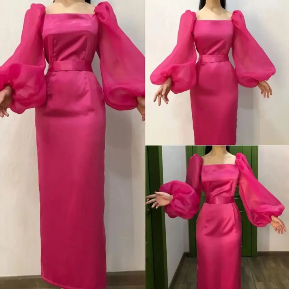 Women's Square Neckline Evening Dresses Long Sleeve Tulle Prom Party Dress - View 3 | FashionDia