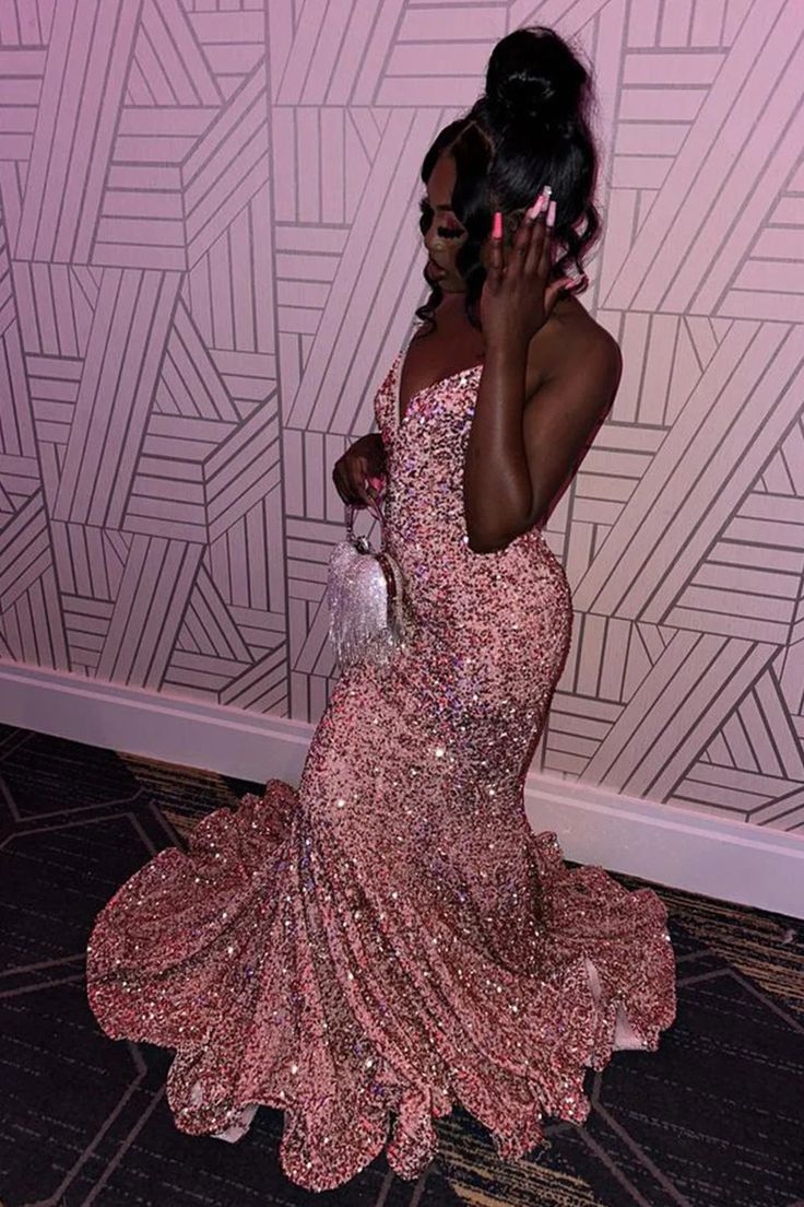 Mermaid Strapless Pink Sequins Long Prom Dress - FashionDia
