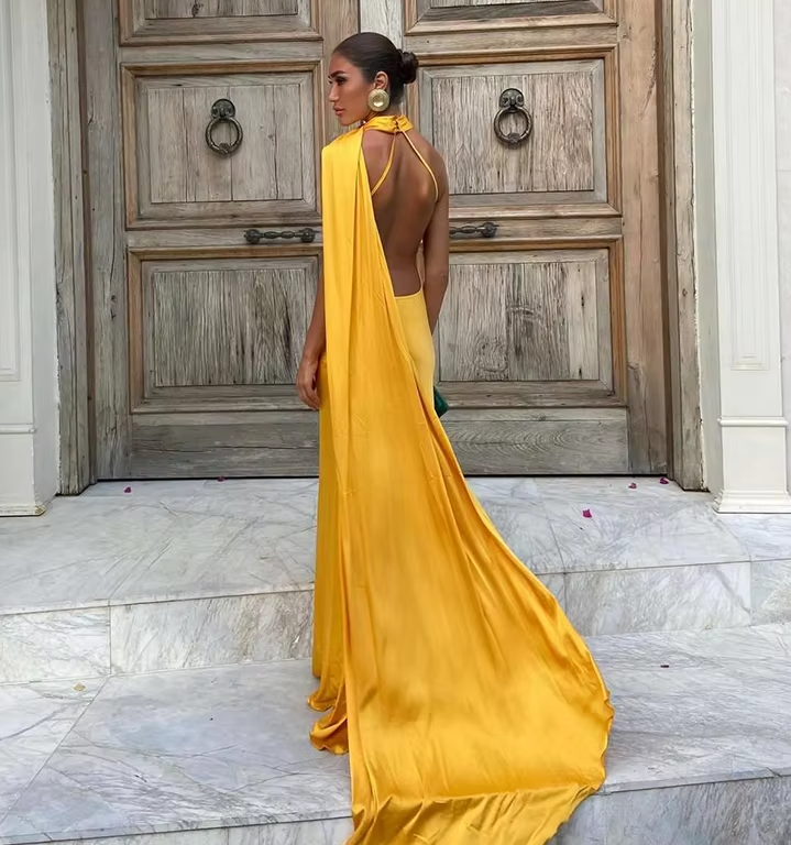 Casual Dresses Women Backless Sexy Satin Ribbon Sleeveless Elegant Lady Party Gown Long Evening Prom Dresses - View 5 | FashionDia