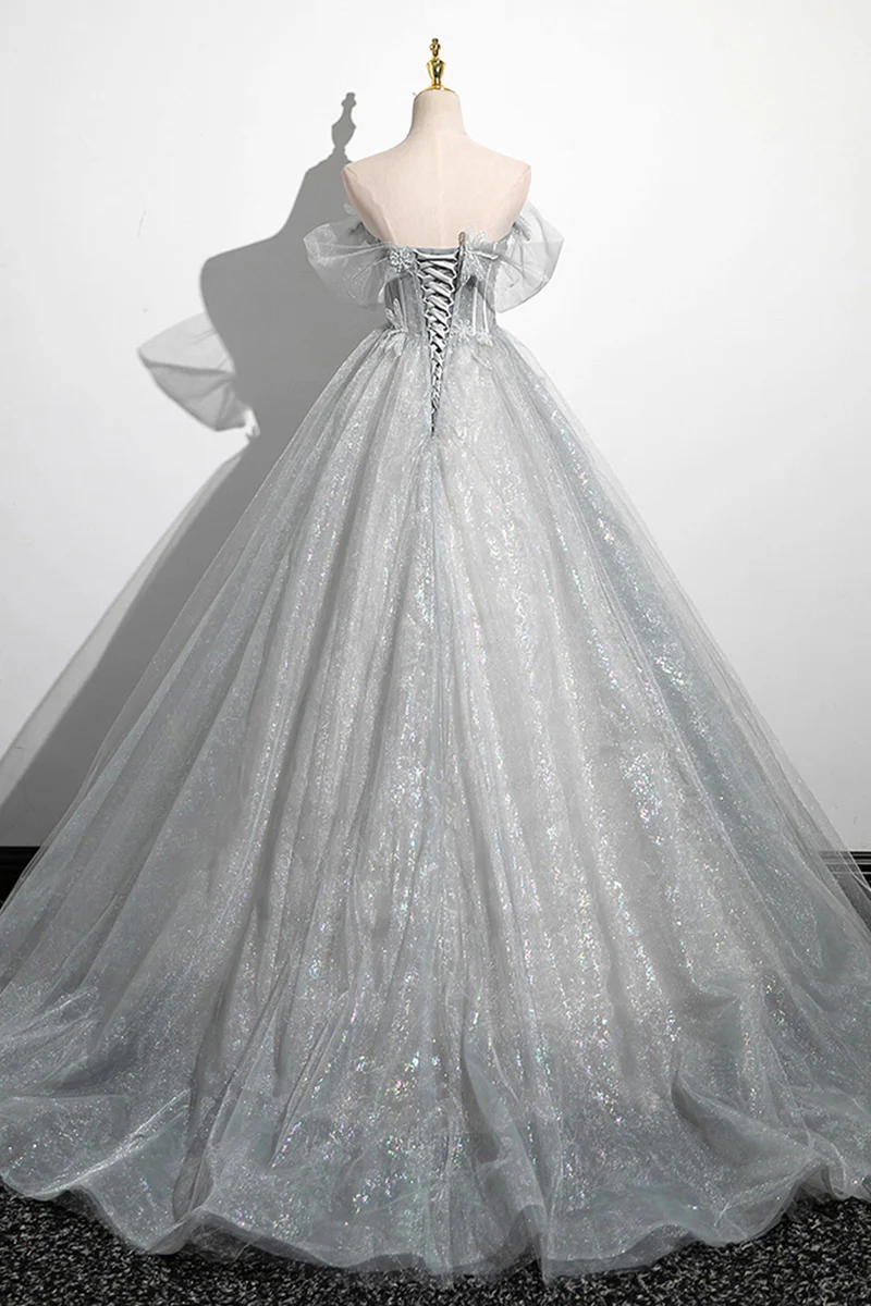 Gray A-Line Off-the-Shoulder Tulle Prom Dress, Lovely Corset Floor-Length Party Dress - View 3 | FashionDia