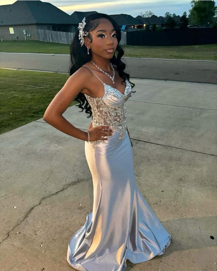 Satin Evening Dress, Silver Prom Dresses, V-Neck Mermaid Spaghetti Straps Floor-Length Dress - FashionDia