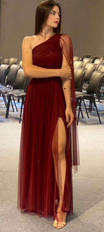 Burgundy Shinny Tulle Prom Dress, Elegant Evening Party Dress - FashionDia