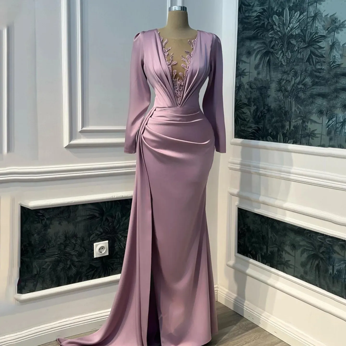 Vintage Prom Dresses Long Sleeve Illusion V-Neck Mermaid Evening Dress Floor-Length Saudi Arabia Cocktail Party Gowns - View 2 | FashionDia