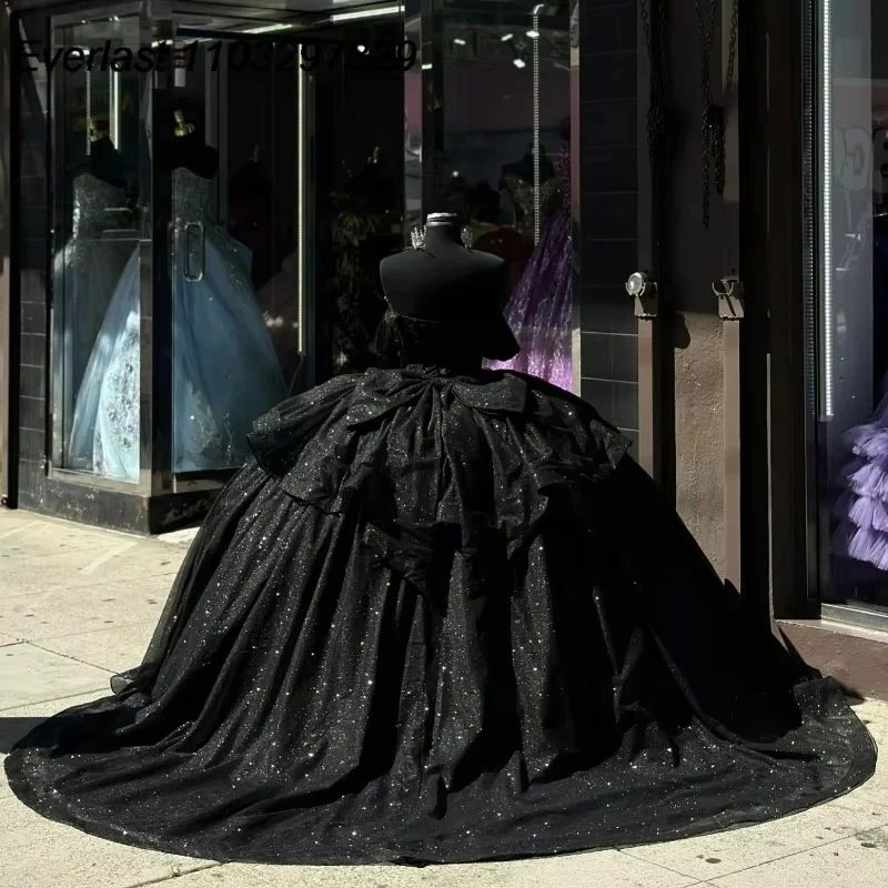 Ball Gown Shiny Black Quinceanera Dress Beaded Crystal Bow Sweet 15 Gowns - View 2 | FashionDia