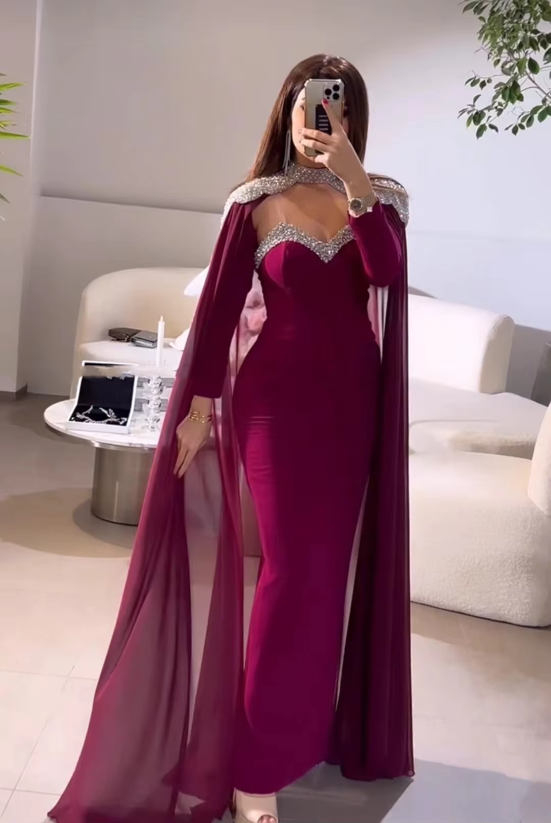 Elegant Middle East Prom Dresses with Chiffon Cape Spaghetti Straps Long Sleeve Evening Gowns Formal Occasion Party Dress - View 2 | FashionDia