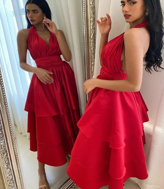 Elegant Short Satin Halter Evening Dresses Muslim Backless A-Line Red Dress Formal Dress Pleated Tea-Length Gowns - View 3 | FashionDia