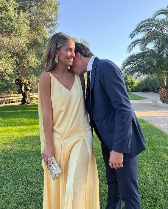 Yellow Satin Evening Dress for Formal Occasions, V-Neck A-Line Spaghetti Strap Floor-Length Elegant Prom Dress - View 3 | FashionDia