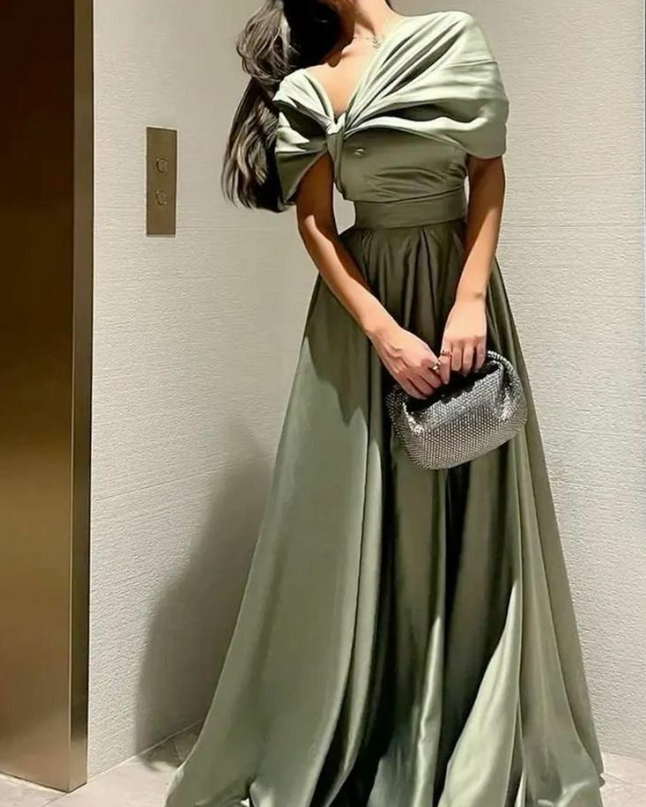A-Line Off-the-Shoulder Sage Green Prom Dress Evening Formal Party Gowns - View 4 | FashionDia
