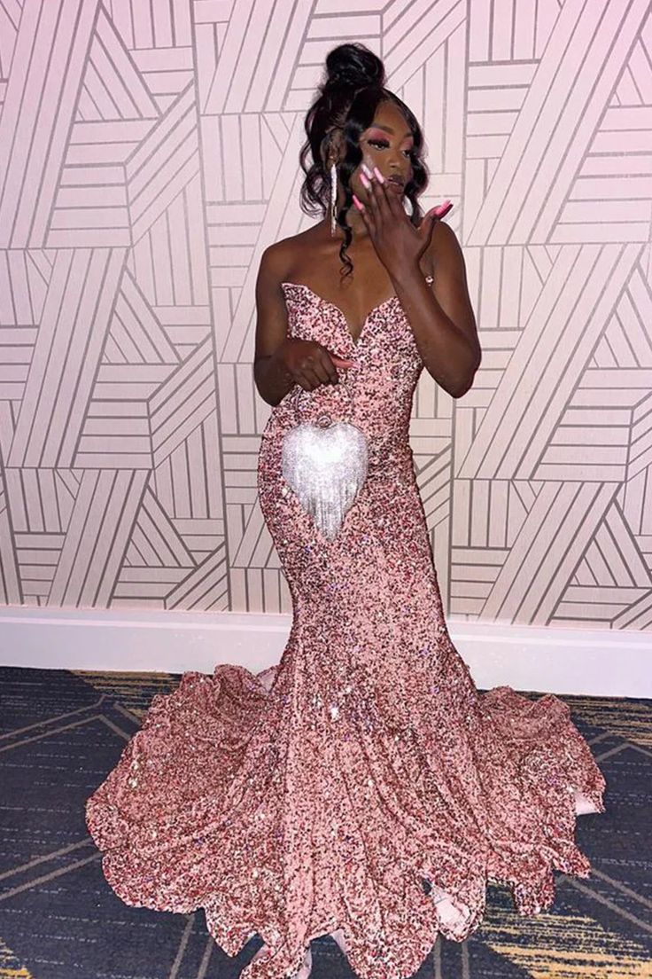 Mermaid Strapless Pink Sequins Long Prom Dress - View 3 | FashionDia