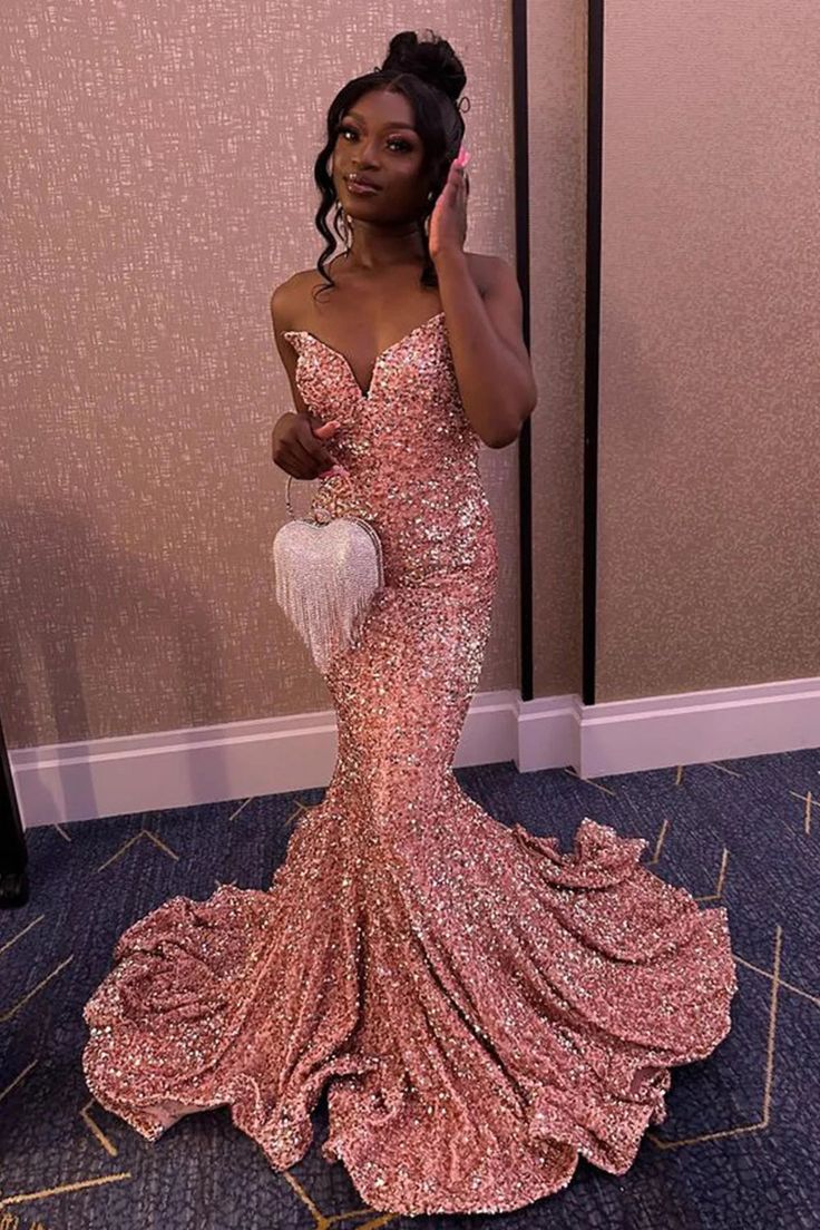 Mermaid Strapless Pink Sequins Long Prom Dress - View 2 | FashionDia