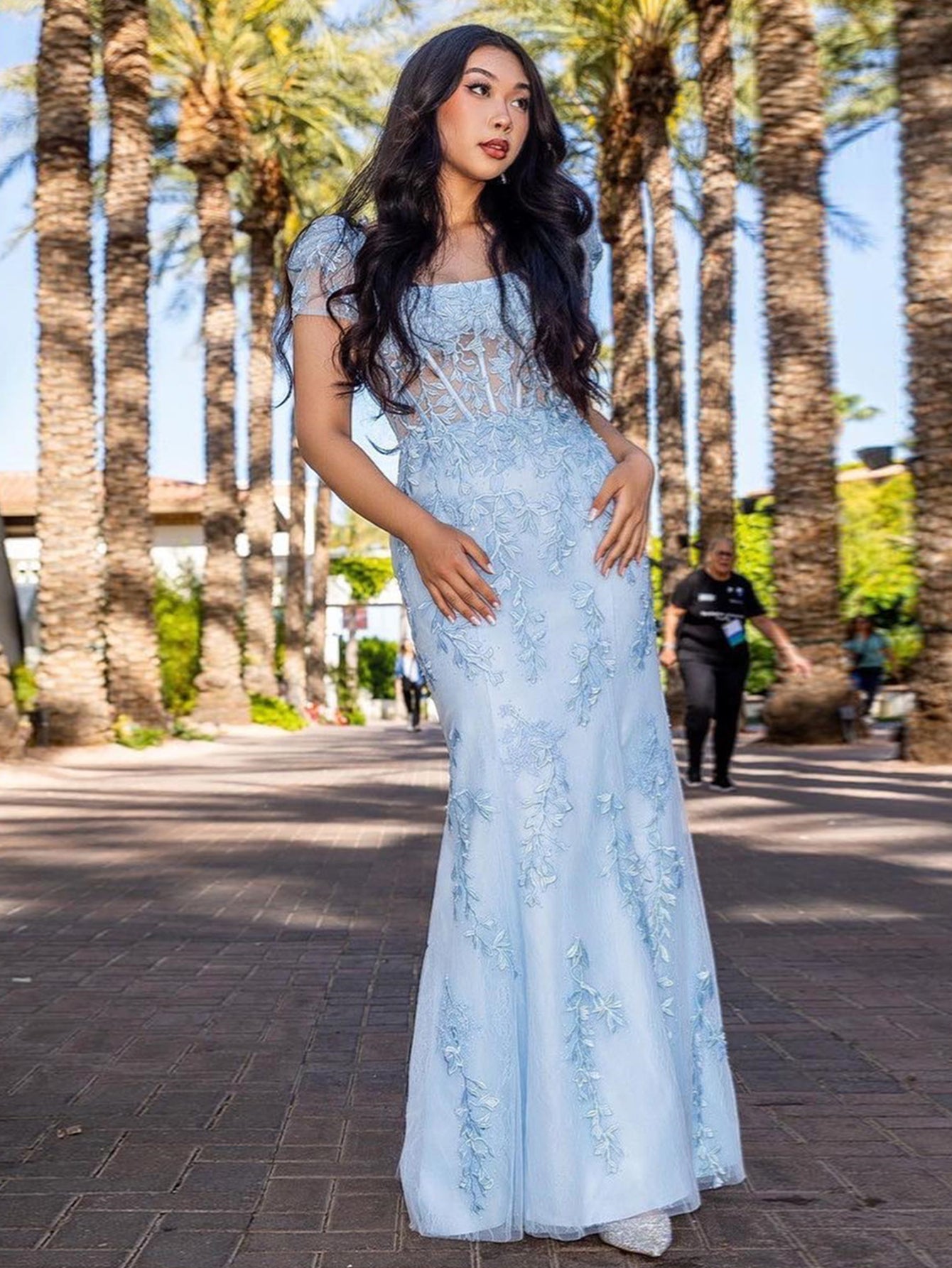 Light Blue Short Sleeves Floral Lace Long Prom Dress - Fashionpara