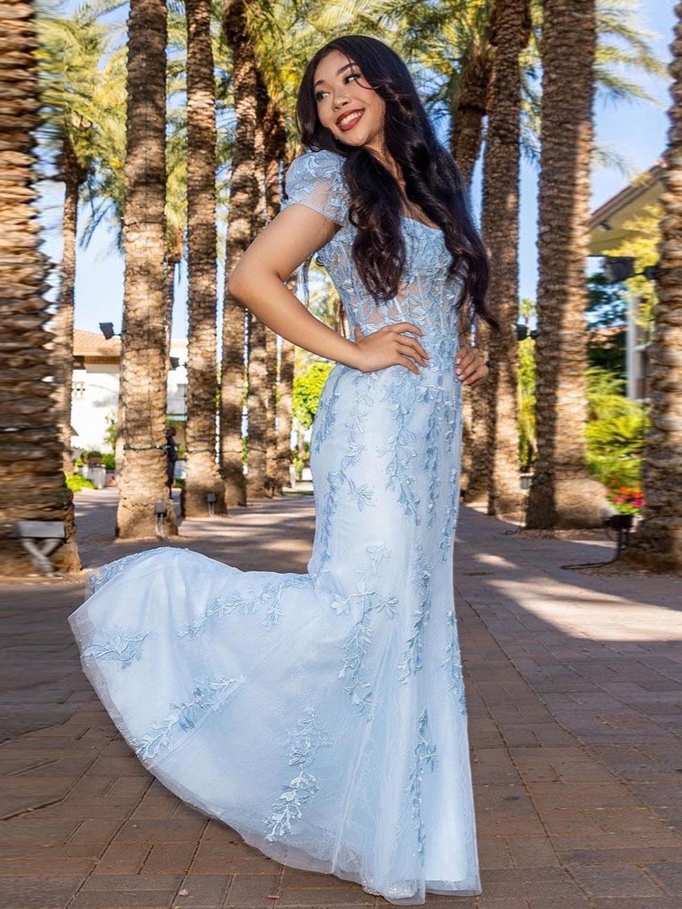 Light Blue Short Sleeves Floral Lace Long Prom Dress - Fashionpara