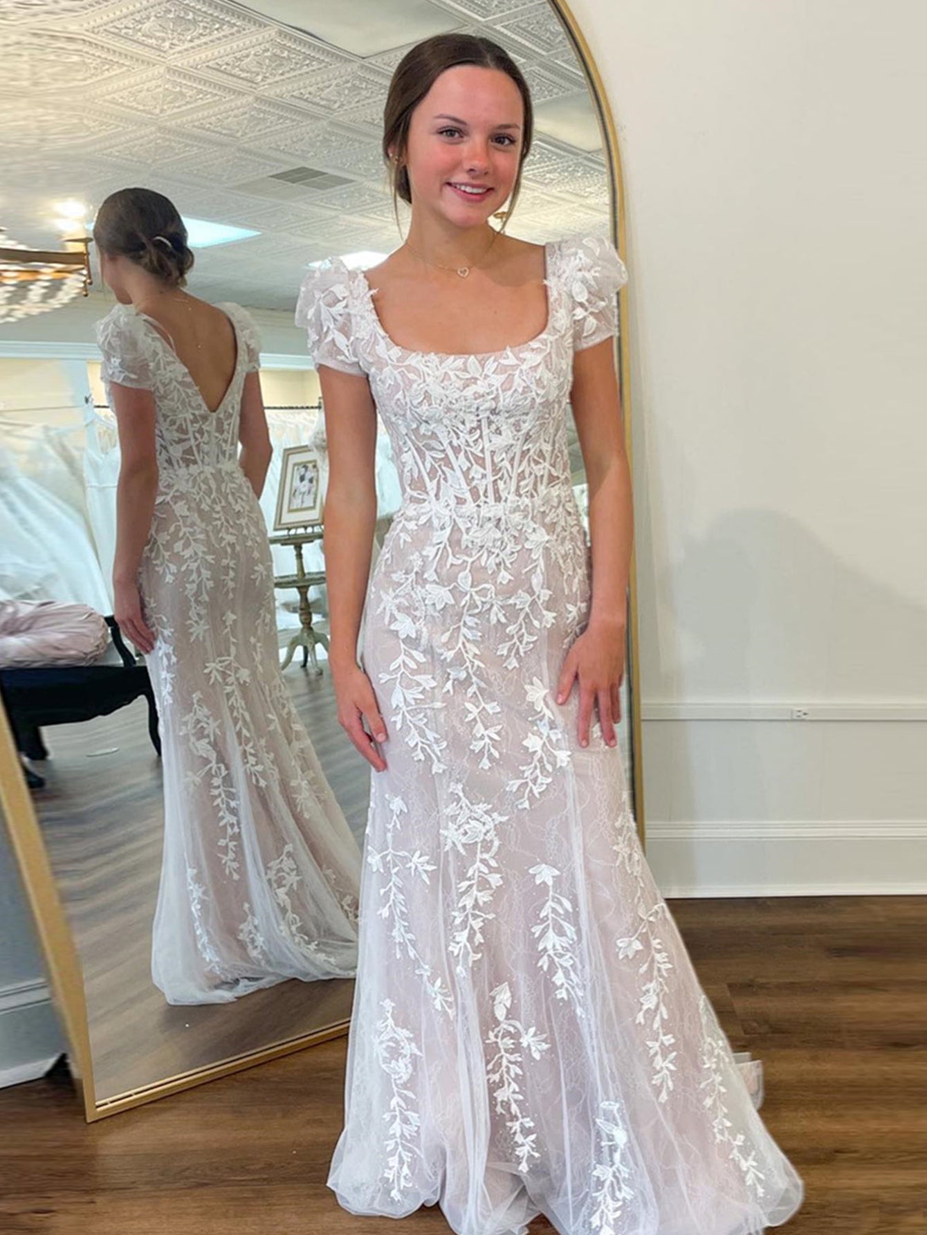 Light Blue Short Sleeves Floral Lace Long Prom Dress - Fashionpara