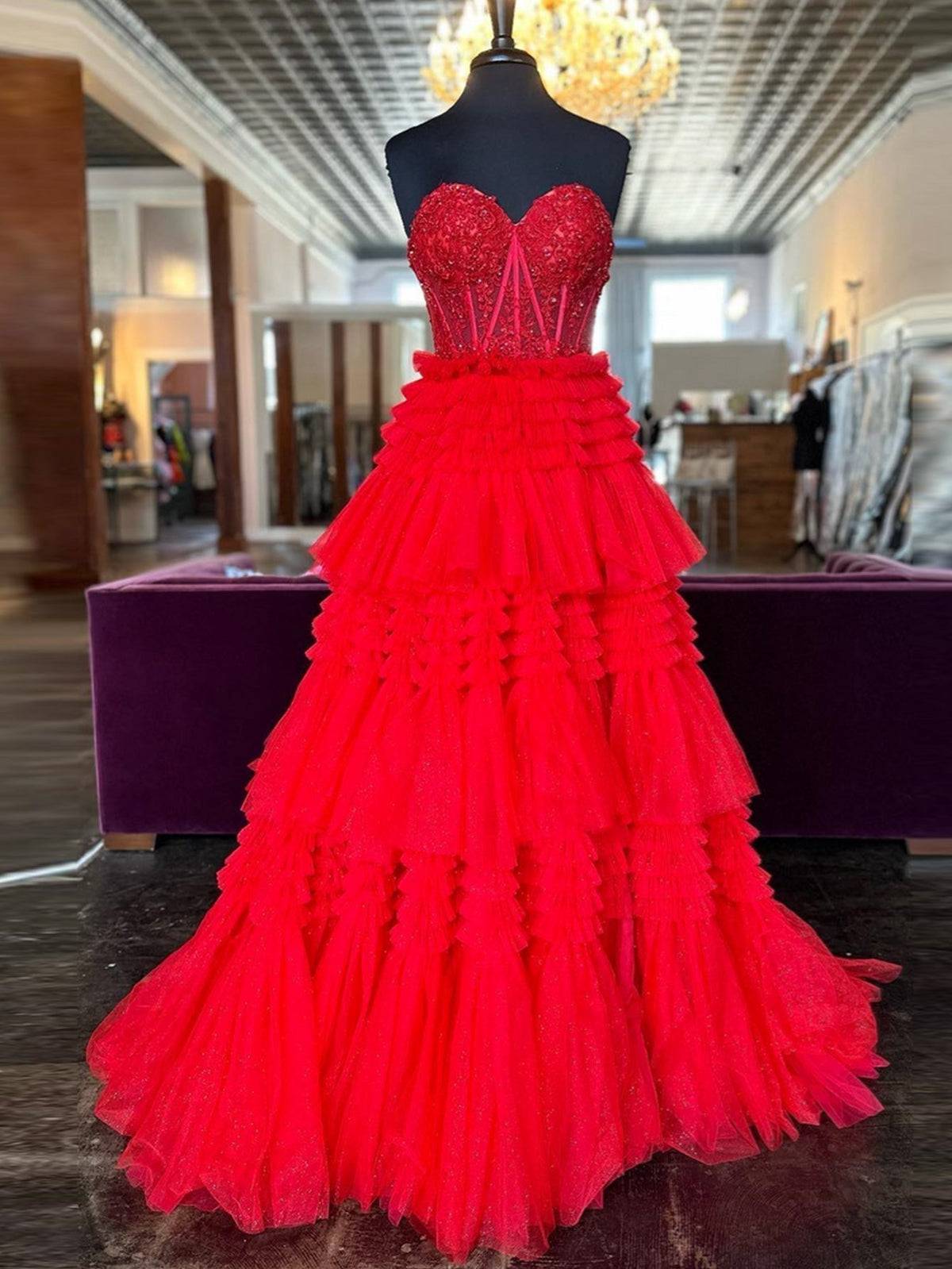 A-Line Sweetheart Tiered Long Tulle Prom Dress - View 7 | VelvetHem