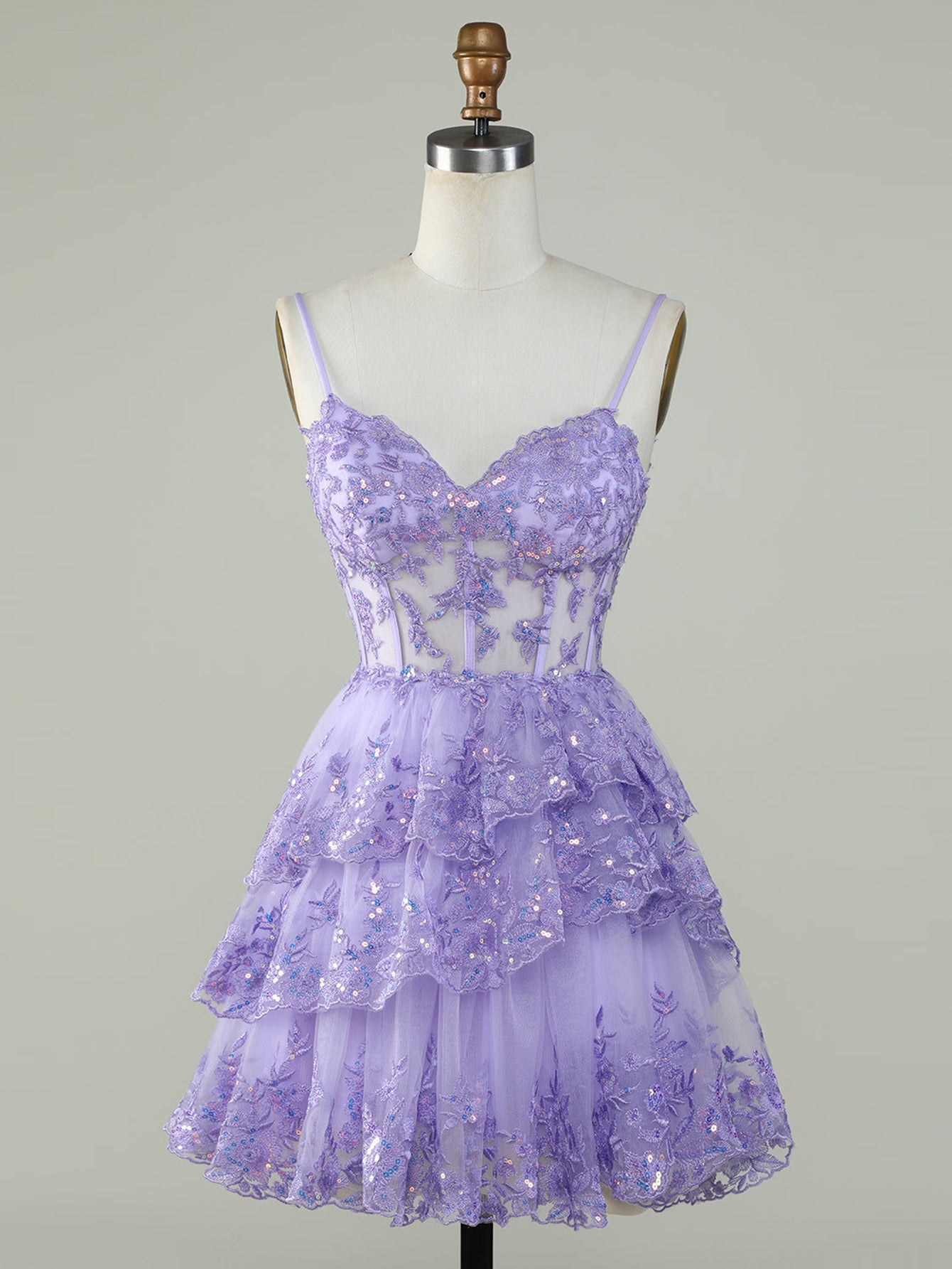 Purple A-Line V Neck Tiered Short Homecoming Dress - Fashionpara