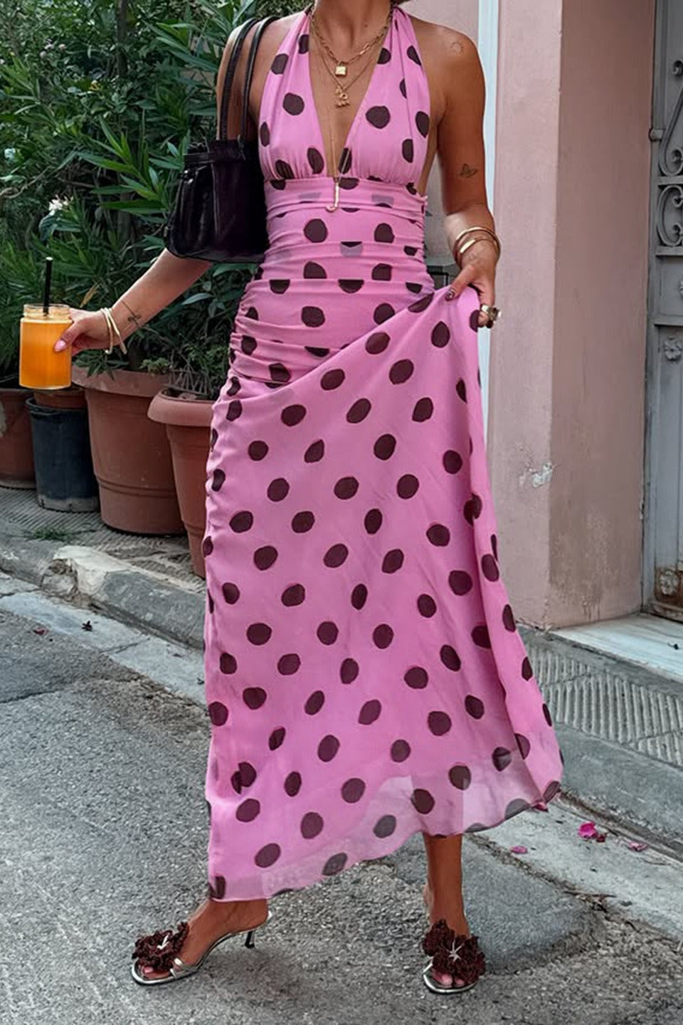 Polka Dot Halter V-Neck Color Block Bodycon Maxi Dress - View 3 | VelvetHem