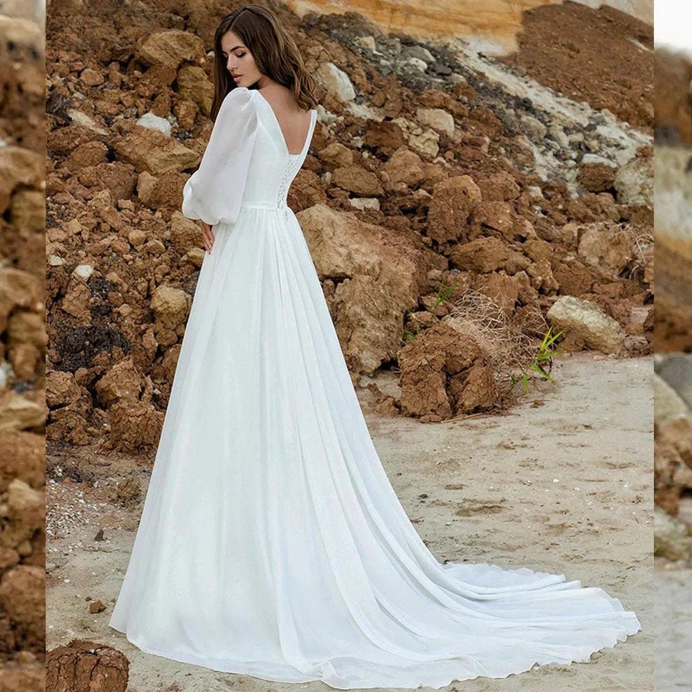 Puff Sleeve Wedding Dresses Women Vestido De Novia Long Chiffon Elegant V-Neck A-Line Backless Bridal Gown Robe Mariée (ZD13336)