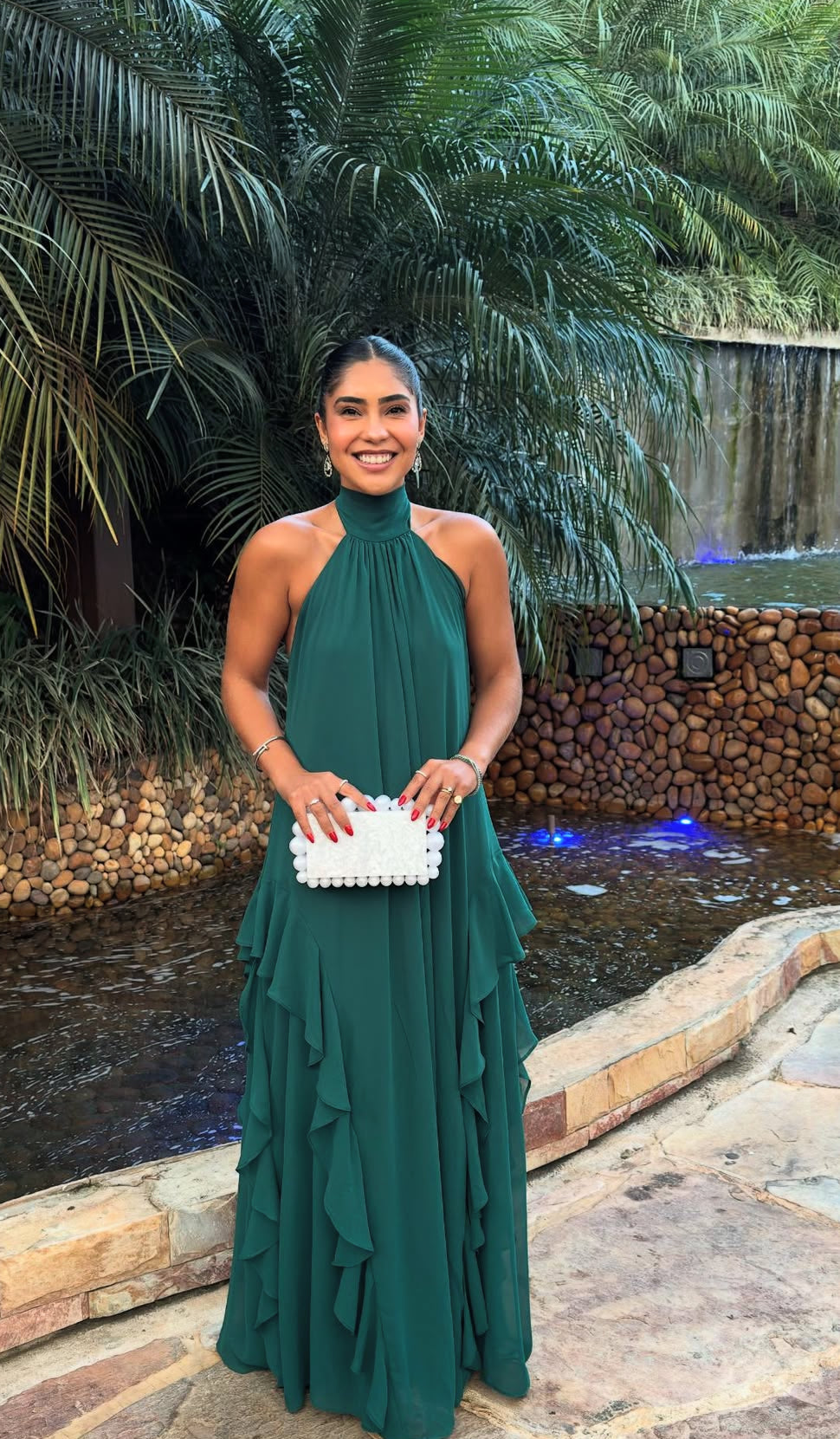 Halter A Line Green Long Evening Dress Ruffle Chiffon Prom Dress J8031