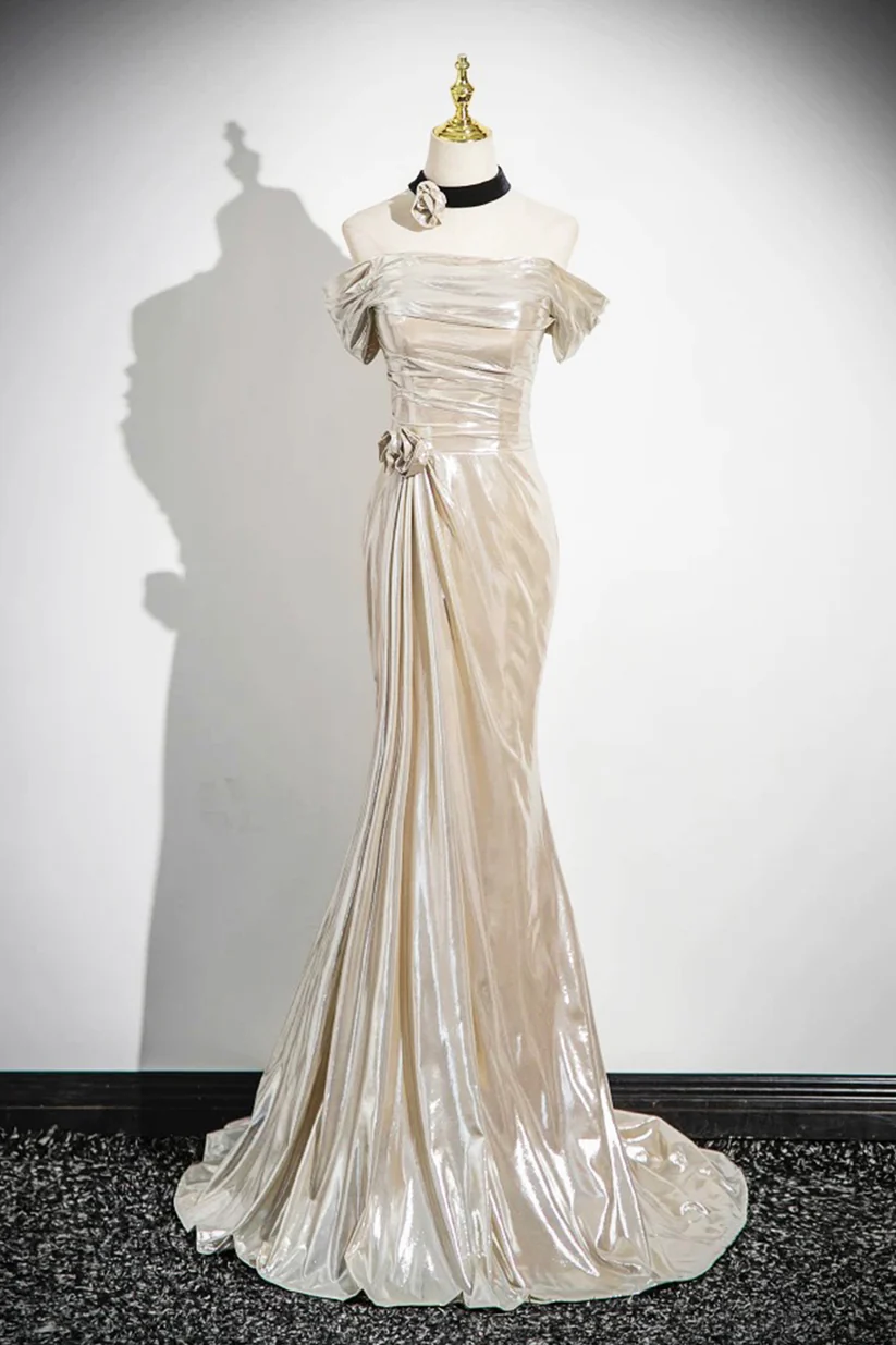 Champagne Off-the-Shoulder Satin Party Dress, Elegant Mermaid Evening Dress - FashionDia