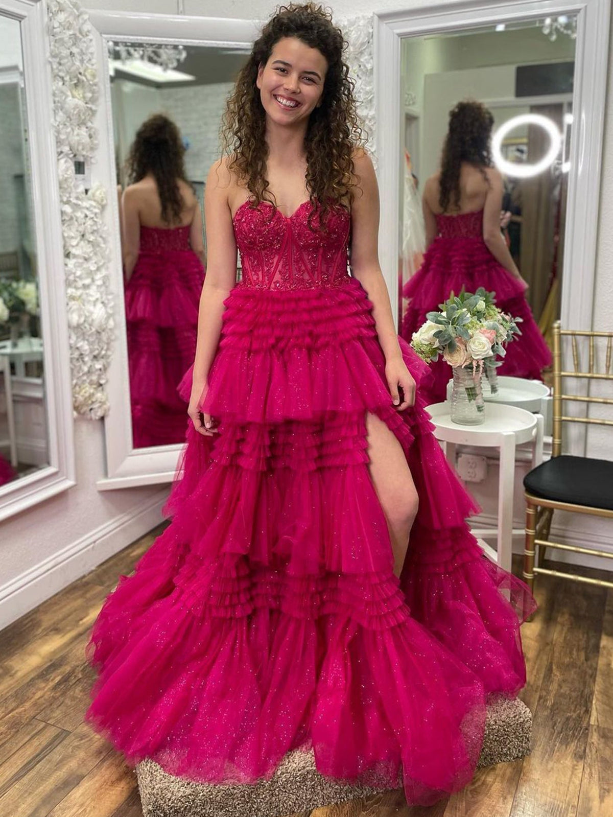 A-Line Sweetheart Tiered Long Tulle Prom Dress - View 13 | VelvetHem