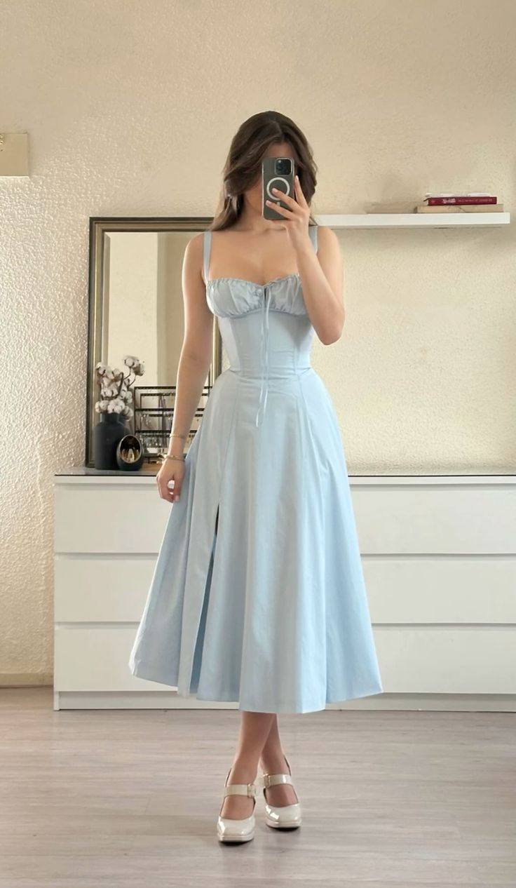 Sweet Blue Sweetheart Neckline A-Line Satin Slit Evening Dress Elegant Prom Dress Party Gown - FashionDia