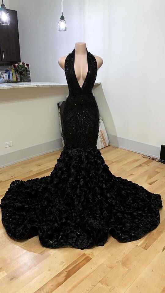 Black Halter Neck Mermaid Evening Dress With 3D Flower Sexy Formal Gown - FashionDia