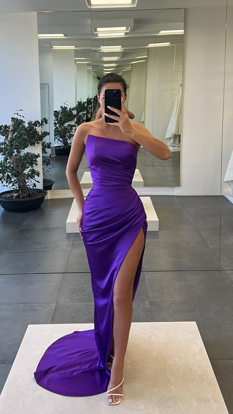 Simple Satin Long Prom Dress With Waist Pleats Elegant Evening Gown