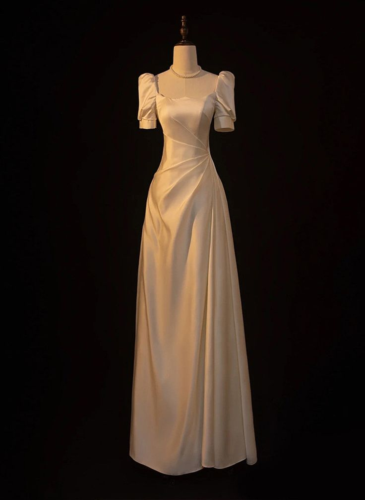 Beautiful Long A Line Evening Dress White Satin Wedding Prom Dress Party Gown