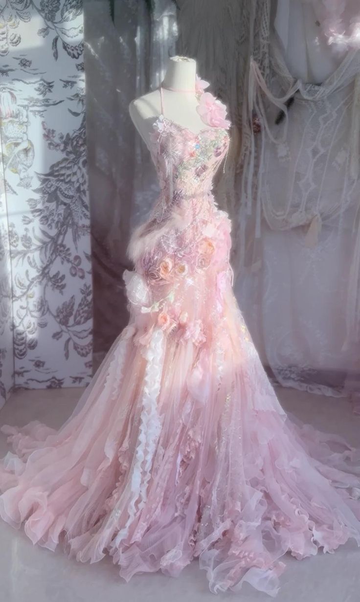 Fairytale Pink Sweetheart Mermaid Tulle Long Prom Dresses Formal Evening Gowns with Appliques - FashionDia