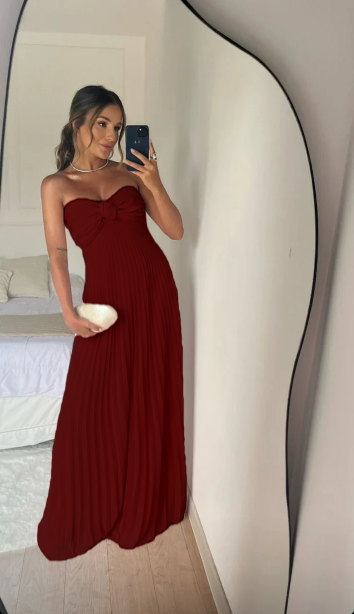 Strapless A Line Pink Long Prom Dress Pleated Formal Party Gown fg6582