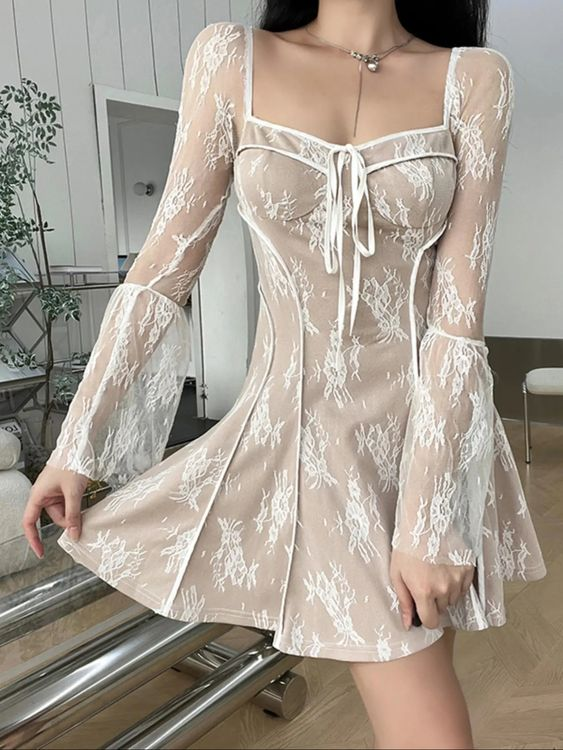 Lace Low Cut Flared Sleeve A-line Party Dress