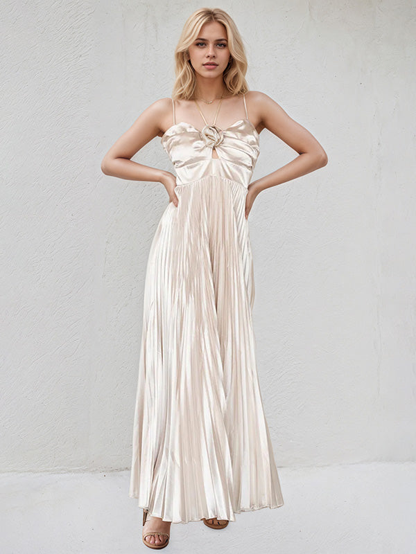 Champagne A Line Satin Spaghetti Straps Sleeveless Floor Length Dress With 3D Flower