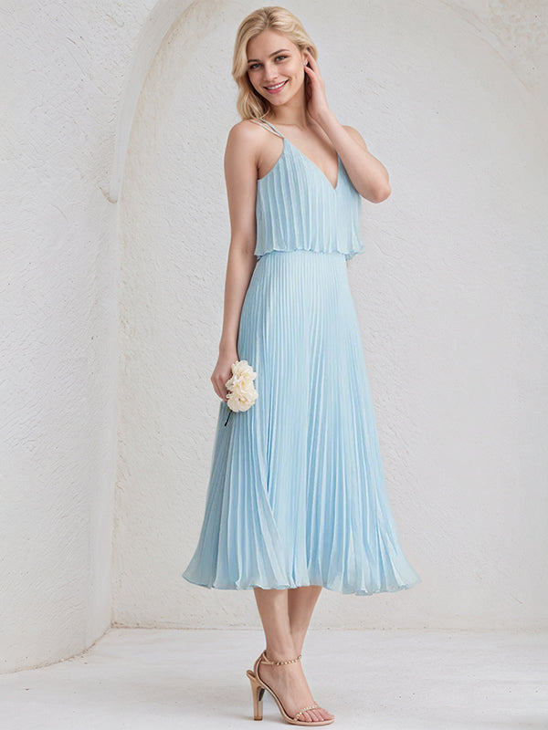 Sky Blue A-Line V-Neck Tea-Length Chiffon Cocktail Dress With Pleated