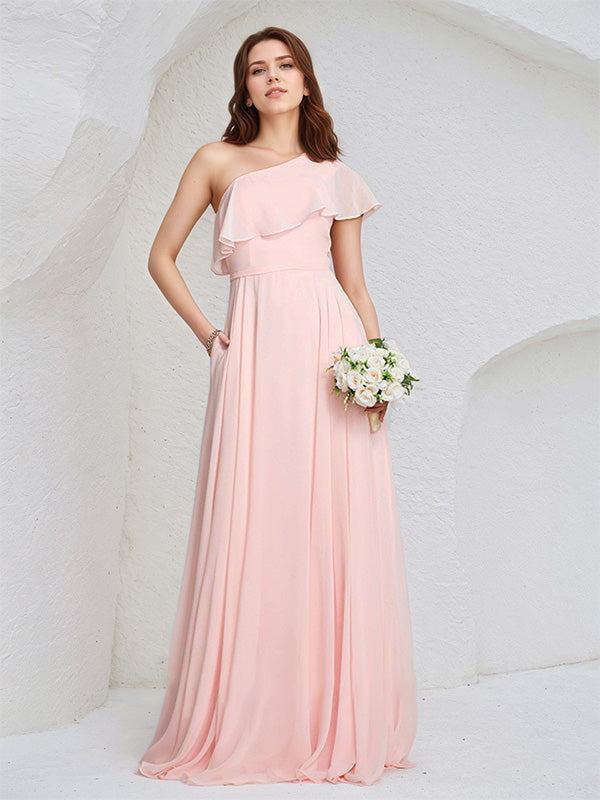 Pink Chiffon A-Line One Shoulder Floor-Length Sleeveless Bridesmaid Dress With Ruffles