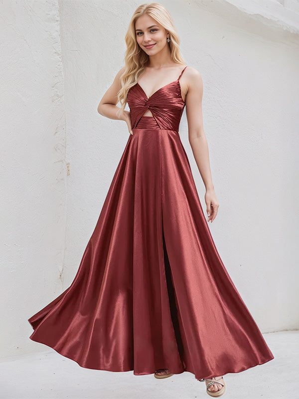 Rosewood Satin A Line V Neck Sleeveless Floor Length Bridesmaid Dress