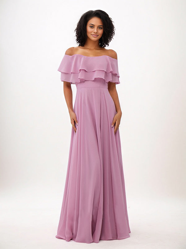 Wisteria A-Line Chiffon Ruffles Off-The-Shoulder Sleeveless Floor-Length Bridesmaid Dresses - View 3 | FashionDia