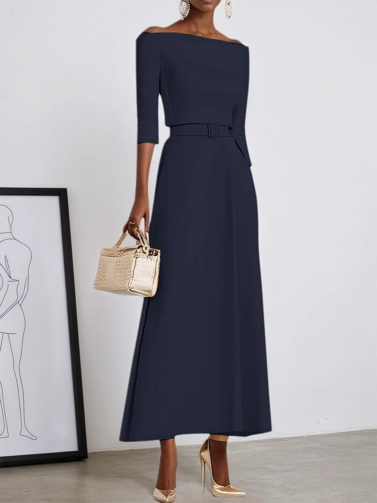 Purplish blue Classic Off-the-Shoulder Half Sleeve A-Line Maxi Dress - FashionDia