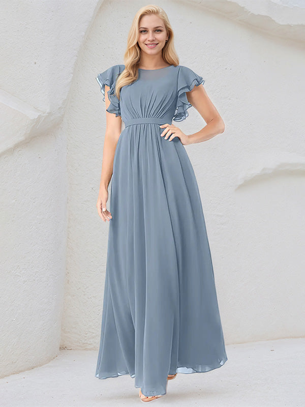 Dusty Blue A-Line Round Neck Floor-Length Chiffon Bridesmaid Dress With Ruffles - FashionDia