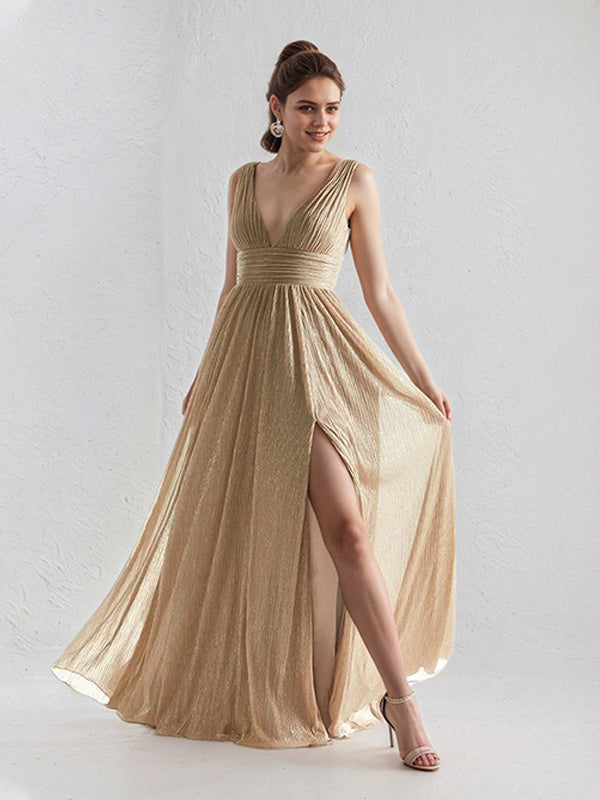 Gold A Line V Neck Sleeveless Floor Length Bridesmaid Dress