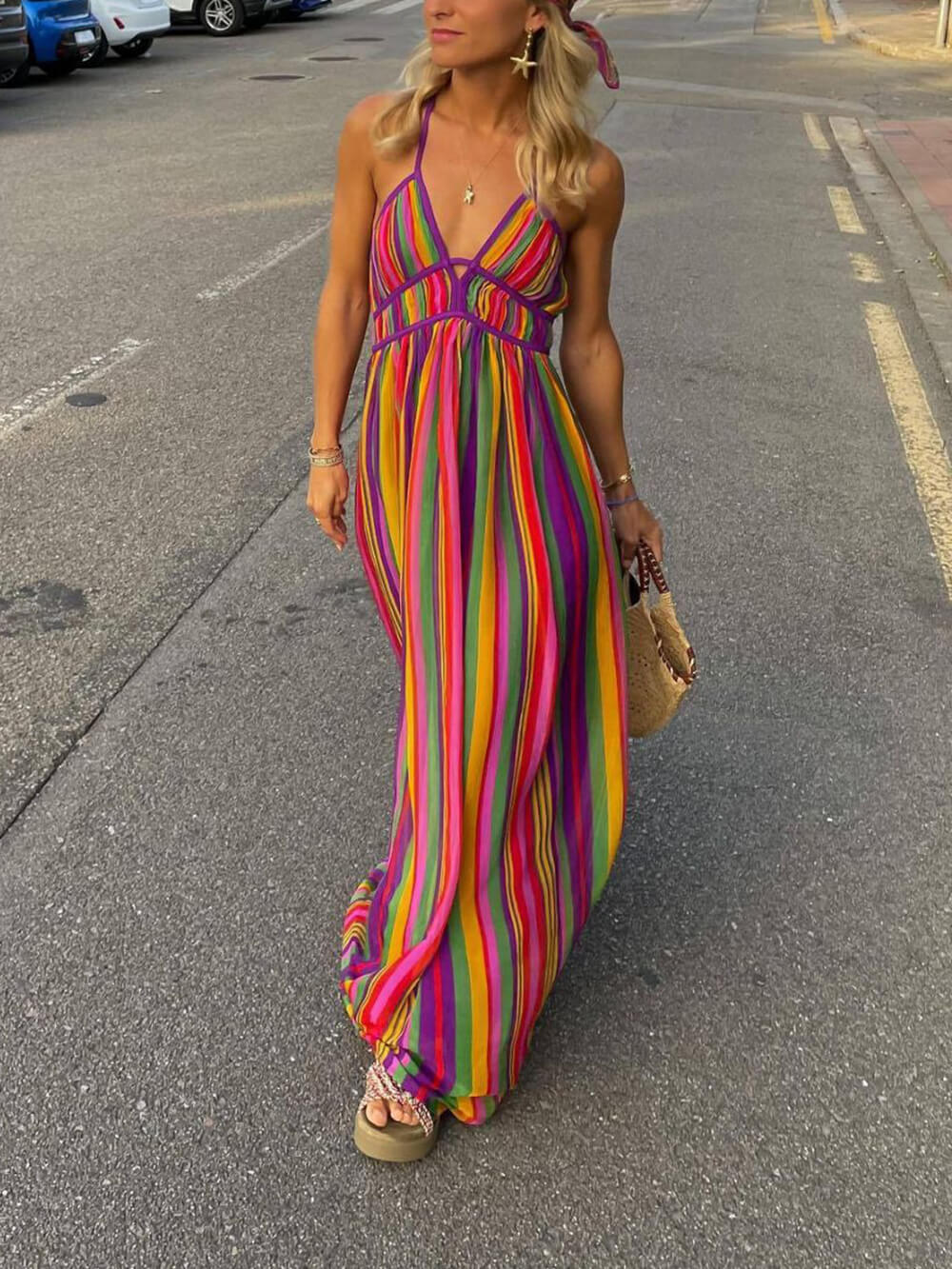 Rainbow Stripe Print V - Neck Maxi Dress