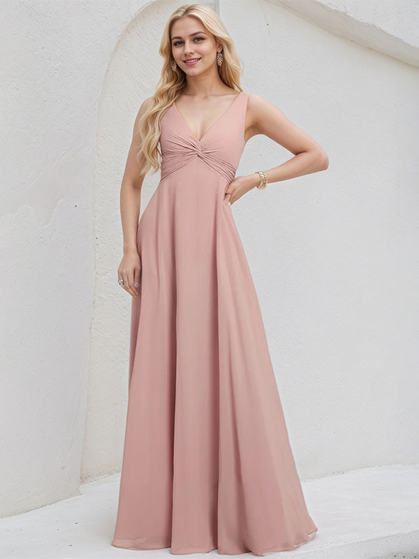 Dusty Rose Chiffon A Line V Neck Sleeveless Floor Length Bridesmaid Dress