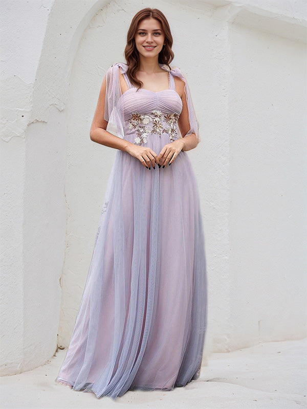 Pink Tulle A-Line Spaghetti Straps Sleeveless Floor-Length Bridesmaid Dress With Applique - FashionDia