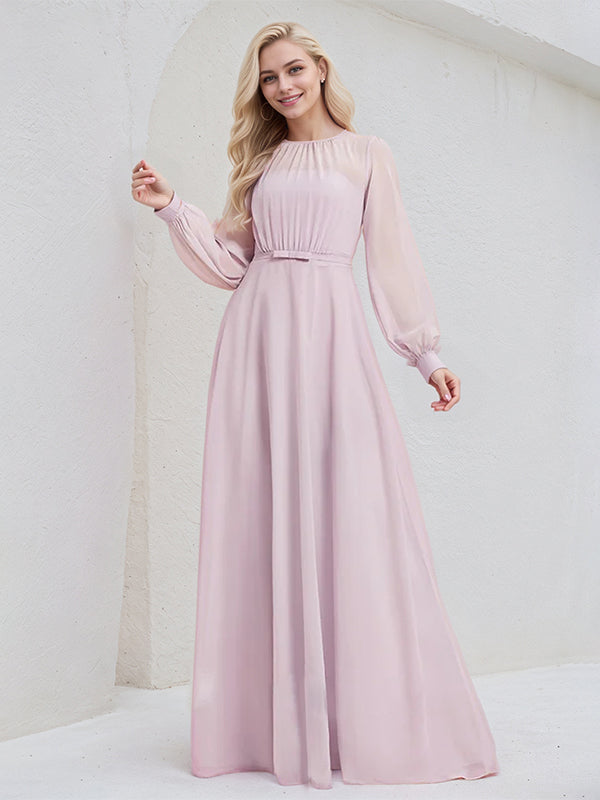 Candy Pink A Line Round Neck Long Sleeves Floor Length Chiffon Bridesmaid Dress