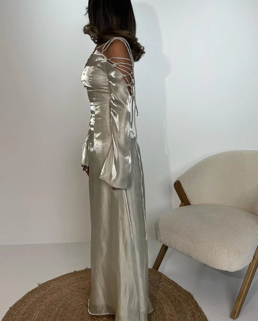 Silver Grey Prom Dress, Modern Girl Lace Up Flare Sleeves V-Neck Elegant Evening Dress - View 3 | FashionDia